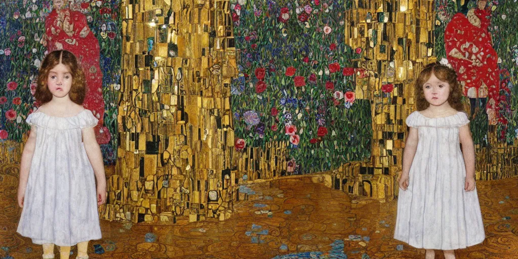 Image similar to a little girl standing in the middle of the picture holding a flower, wearing a white dress and red marijane shoes, on a marble floor, facing the picture, with two marble columns on either side of the picture, with gold and white ornaments, gold leaf, silver leaf and line, by klimt