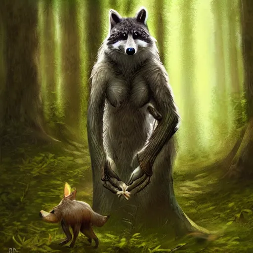 Image similar to a woodland druid in a forest with a wolf bird and racoon, photorealistic, in the style of greg rutkowski, digital painting