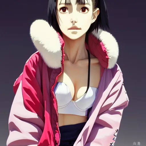 Image similar to a beautiful japanese natalie portman gravure model, wearing oversized native designer bomber jacket and leotard, bulky poofy bomber jacket with mesoamerican patterns, mesoamerican native street fashion, gapmoe yandere grimdark, trending on pixiv fanbox, painted by greg rutkowski makoto shinkai takashi takeuchi studio ghibli, akihiko yoshida