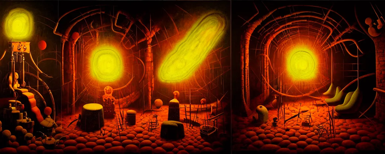 Prompt: trapped hedonic treadmill, dark uncanny surreal painting by ronny khalil, shaun tan, and kandinsky, dramatic lighting from fire glow, mouth of hell, ixions wheel