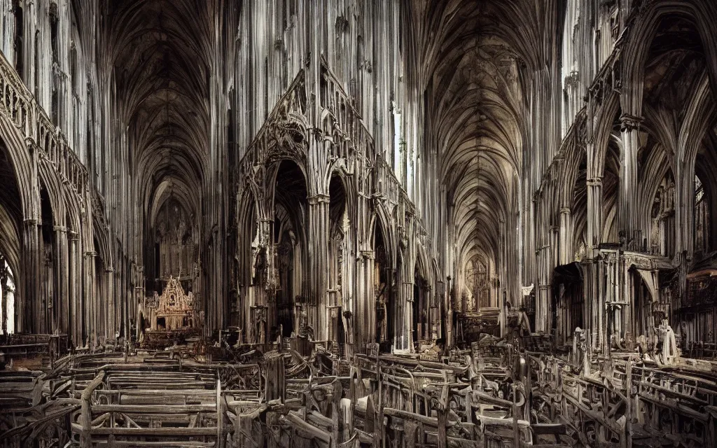 Prompt: cathedral made of flesh and bones, realistic, old color photograph, dynamic composition, creepy