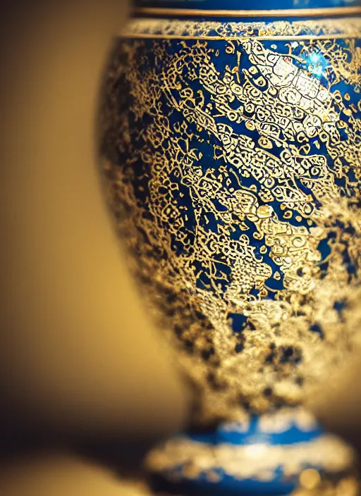 Image similar to a 2 8 mm macro photo of a broken intricate ming vase, splash art, movie still, bokeh, canon 5 0 mm, cinematic lighting, dramatic, film, photography, golden hour, depth of field, award - winning, anamorphic lens flare, 8 k, hyper detailed, 3 5 mm film grain