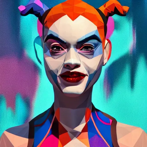 Prompt: digital art, low poly 3d render of Harley Quinn but she's a beautiful young ape with long pony tails on either side of her head, illustration, comic, by James Jean, artgerm, octane render, by John Coltrane and Marc Simonetti, Manic, graffiti, kinemacolor, colorful, high detail of the face, full body