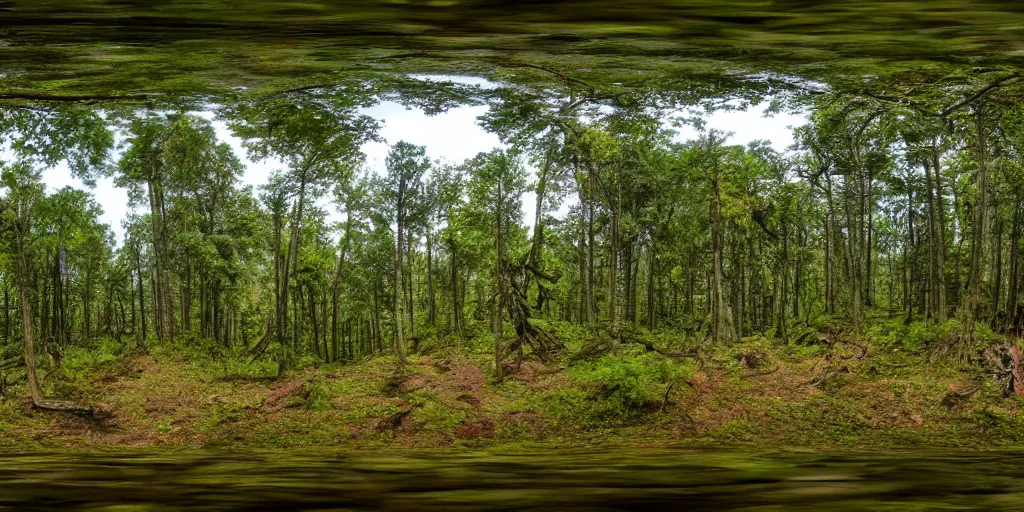 Image similar to a high quality professional 360 photograph of a forest full of monsters