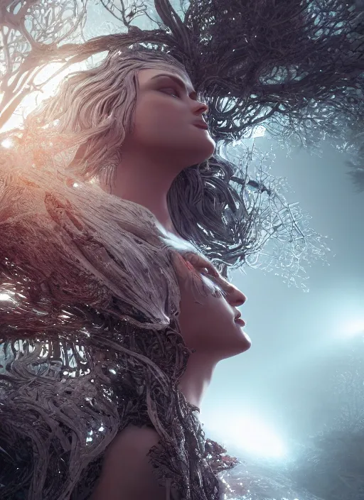 Image similar to sumptuous biomechanical incredible hair, crystalline masterpiece incrustations, hyperdetailed face, elegant pose, movie still, intricate, octane render, cinematic forest lighting, cgsociety, unreal engine, crepuscular rays, god rays