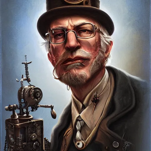 Image similar to steampunk rugged Bernie Sanders, by Anato Finnstark, Tom Bagshaw, Brom