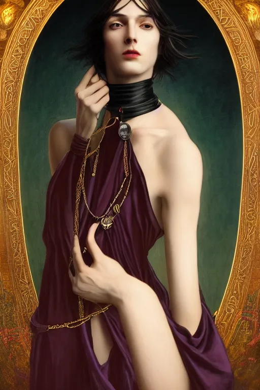 Image similar to a beautiful androgynous man, long hair, tall and thin, soft features, sly, dressed in velvet, rock star, wearing several pendants and a choker, illustration, dramatic lighting, soft details, painting oil on canvas, art nouveau, octane render, hdr, 4 k, 8 k, hd, by edmund blair leighton, brom, charlie bowater, faces by otto schmidt