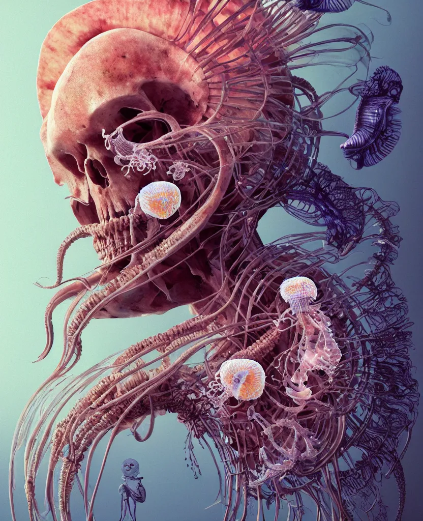 Image similar to goddess close-up portrait ram skull, thorax, x-ray, backbone, jellyfish phoenix head, nautilus, orchid, skull, betta fish, bioluminiscent creatures, intricate artwork by Tooth Wu and wlop and beeple. octane render, trending on artstation, greg rutkowski very coherent symmetrical artwork. cinematic, hyper realism, high detail, octane render, 8k