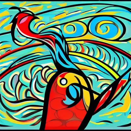 Image similar to A beautiful computer art of a large, colorful bird with a long, sweeping tail. The bird is surrounded by swirling lines and geometric shapes in a variety of colors Pizza Hut, cubic zirconia by William Gropper romantic