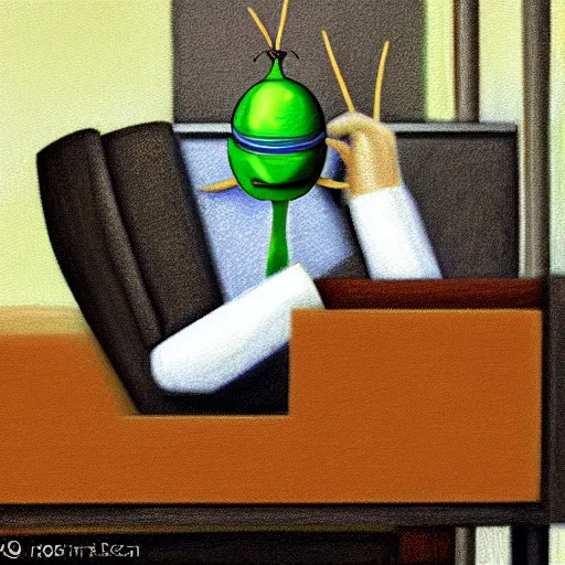 Image similar to a detailed pastel painting of a bug insect wearing a business suit and working behind the computer in the office. digital art, trending on artstation, 8k, hyper realistic in the style of Grant Wood