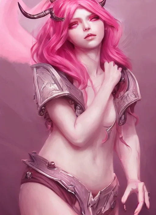 Image similar to a highly detailed illustration of cute smug pink haired pale demon girl with curved horns wearing oversized pink hoodie, dramatic smirk pose, intricate, elegant, highly detailed, centered, digital painting, artstation, concept art, smooth, sharp focus, league of legends concept art, wlop.