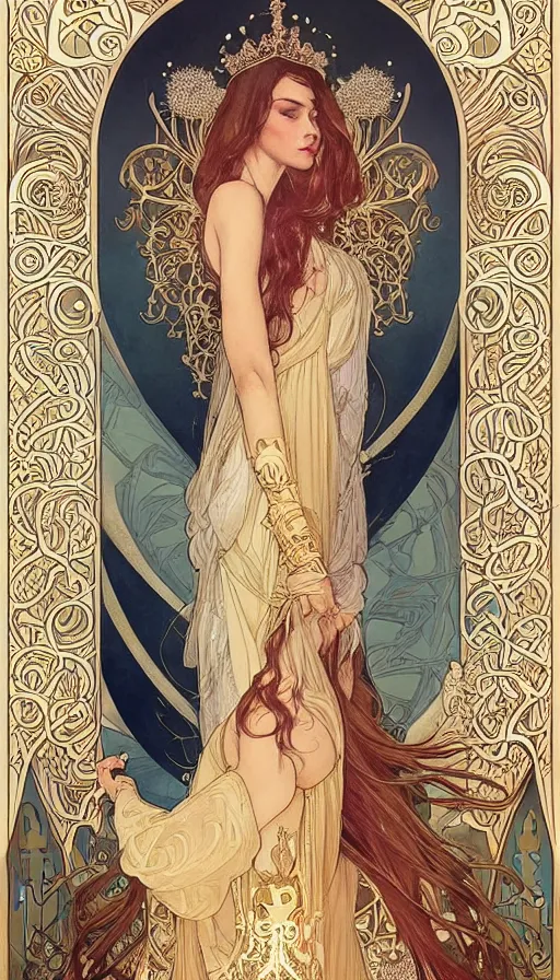 Prompt: a queen, highly detailed, very intricate, art nouveau, gold filigree, left right symmetry, tarot concept art watercolor illustration by mandy jurgens and alphonse mucha and alena aenami, featured on artstation