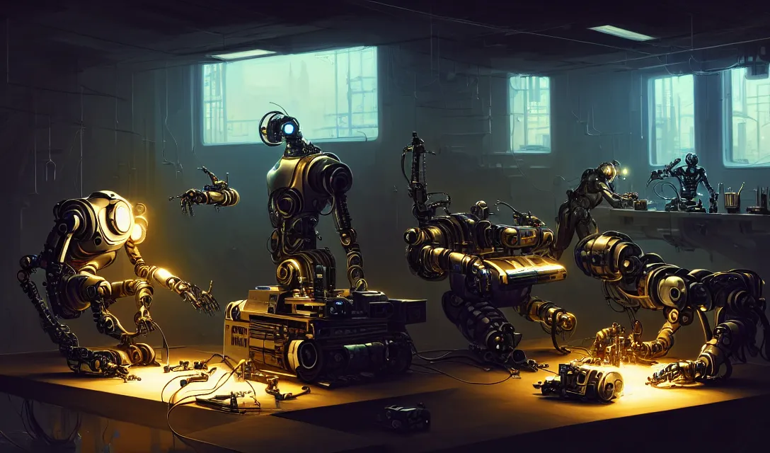 Prompt: robot repair workshop, art of vitaly bulgarov, cyberpunk tech, ultrarealistic, futuristic, three point lighting, dramatic lighting, electrical details, high details, 4 k, 8 k, best, accurate, trending on artstation, photorealism, digital painting, style of peter mohrbacher, caravaggio