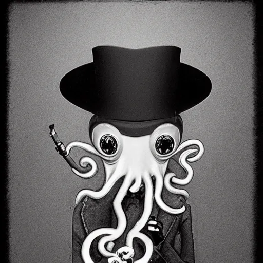 Prompt: an octopus wearing a tophat and smoking a cigarette, chiaroscuro, medium shot, cinematic promo material