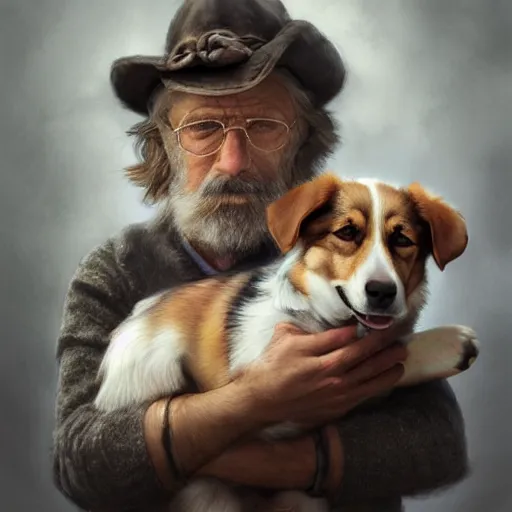 Image similar to portrait of a old, ruggedly handsome man holding a corgi dog, soft hair, muscular, half body, cloth, hairy, d & d, fantasy, intricate, elegant, highly detailed, digital painting, artstation, concept art, smooth, sharp focus, illustration, art by artgerm and greg rutkowski and alphonse mucha