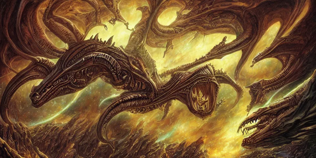 Image similar to alien space dragon by dan seagrave art