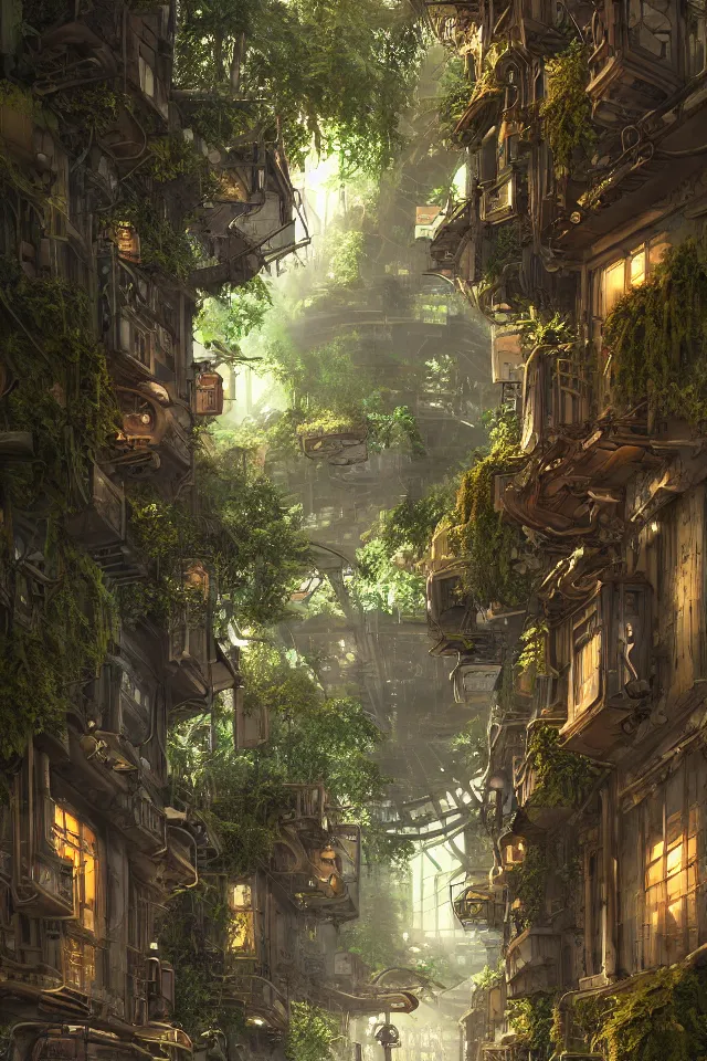 Image similar to Architectural section, movie concept art, steampunk style, Miyazaki tekkonkintreet Teikoku Shounen style, amazing + fantasy Traditional Japanese alley lane on full moon, lush vegetation and ferns, sun rays, octane render, trending on artstation, hyper detailed, cinematic