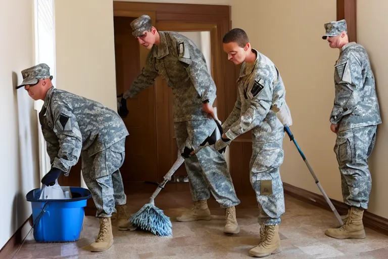 Image similar to a new yorker style cartoo of a soldier cleaning a room