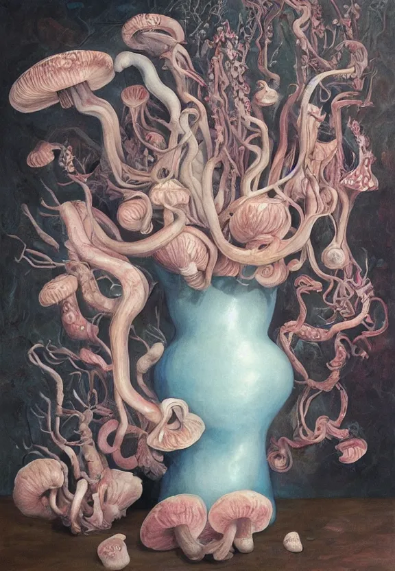 Prompt: a biomorphic painting of a vase with flowers and eyeballs in it, a surrealist painting by marco mazzoni, by dorothea tanning, pastel blues and pinks, blue oyster mushrooms, featured on artstation, metaphysical painting, oil on canvas, fluid acrylic pour art, airbrush art, seapunk, rococo, lovecraftian