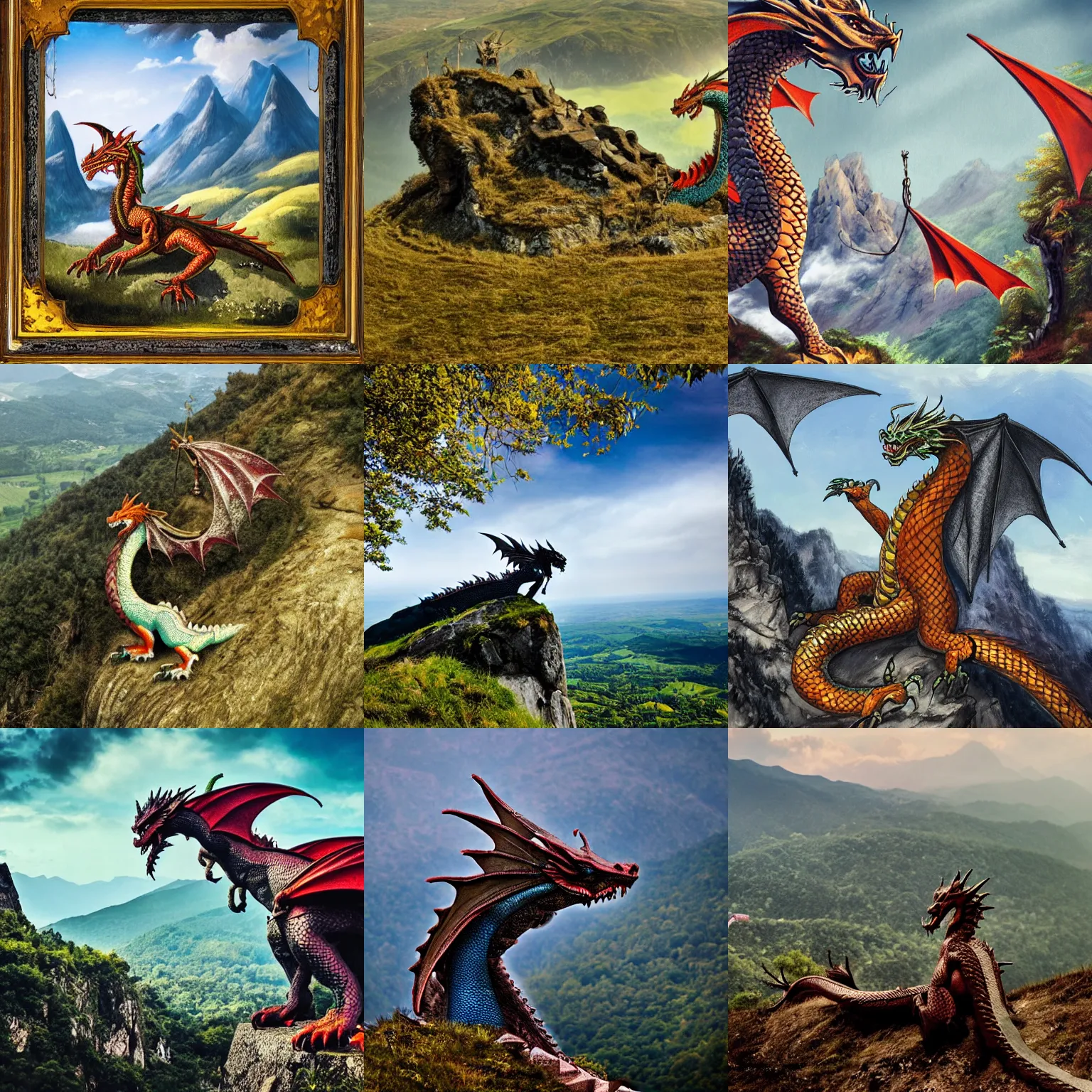 Prompt: dragon on mountain overlooking village