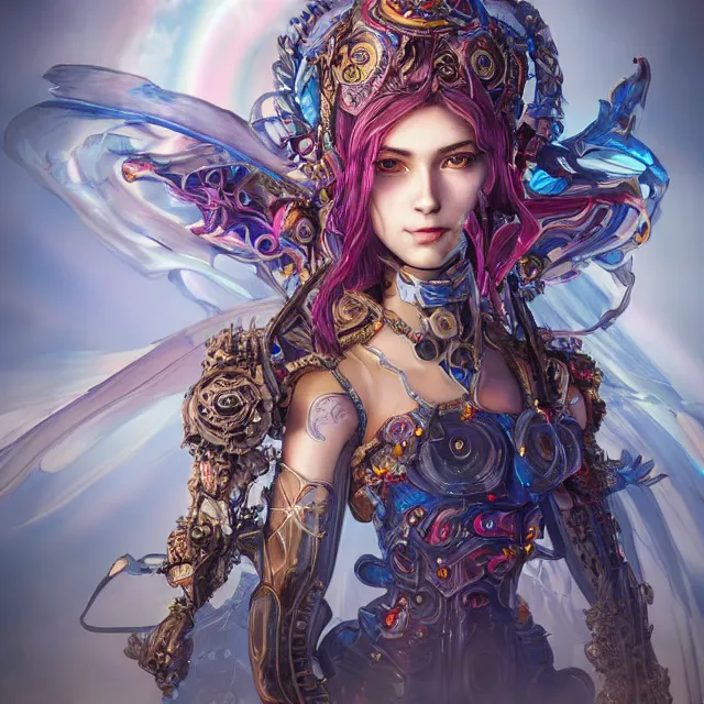 Prompt: colorful female divine mech paladin gun dream machina westworld studio portrait, beautiful, elegant, young sexy elegant woman, super fine surreal detailed face illustration by kim jung gi, iraq nadar, intricate lines, sharp focus, vibrant colors, matte, octopath traveler, final fantasy, unreal engine highly rendered, global illumination, radiant light, intricate environments