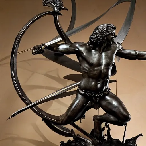 Image similar to The kinetic sculpture depicts the mythical hero Hercules in the moments after he has completed one of his twelve labors, the killing of the Hydra. Hercules is shown standing over the dead Hydra, his body covered in blood and his right hand still clutching the sword that slew the beast. His face is expressionless, betraying neither the exhaustion nor the triumph that must surely accompany such a feat. warm indigo by Serge Marshennikov, by Marco Mazzoni energetic