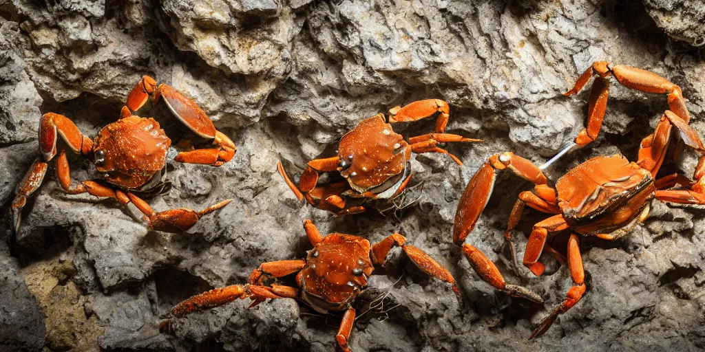 Image similar to crabs during a feeding frenzy inside of a cave, speleothems, limestone, rock strata, torches, rituals, carrion, extremely detailed, photorealistic, 4 k, 8 k