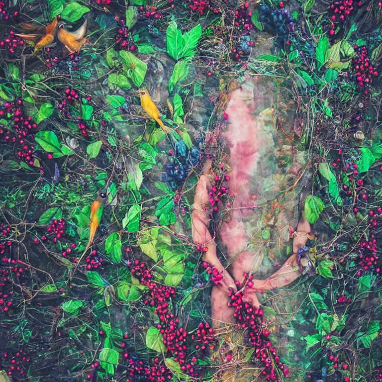 Image similar to human with the sea and the forest inside, veins diverge through the body like rivers filmed on a satellite, a person is decorated with wild berries, a beautiful bird is looking at him next, colorful picture