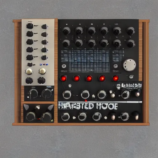 Image similar to 3 d model of a harsh noise setup, guitar pedals, mixing board