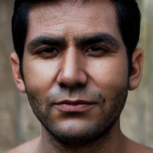 Prompt: close up of face of good looking 4 0 year old peruvian man with clean shaven face, no beard, very short straight black in a short pompadour style, color portrait, 4 k