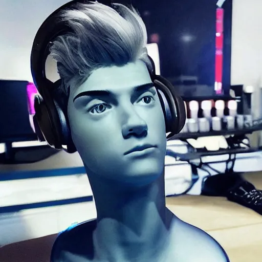 Image similar to “a realistic detailed photo of a guy who is an attractive humanoid who is half robot and half humanoid, who is a male android, twitch streamer Ninja Tyler Blevins, shiny skin, posing like a statue, blank stare, on a gaming chair streaming”