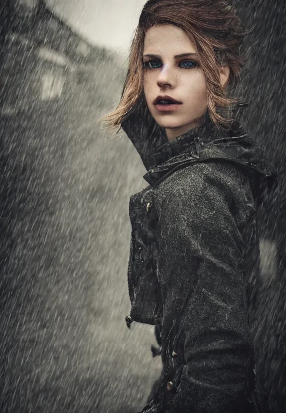 Prompt: cute model annie leonhart posing in dunwall city, beautiful face, detailed face, realistic eyes, cinematic lighting, rainy weather, melancholy atmosphere, volumetric light, gothic architecture, realistic reflections, model agency, instagram photo, depression atmosphere, shot on sony a 7, beauty filter, dishonored 1, postprocessing