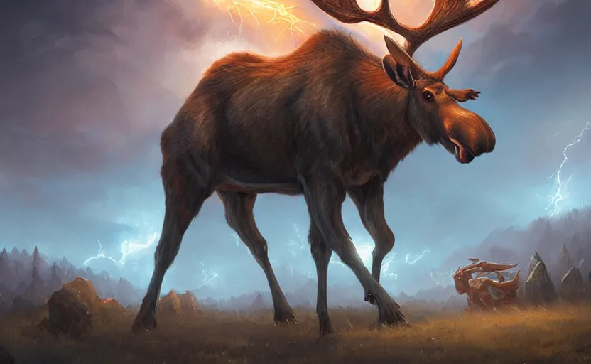 Prompt: moose with lightning horns, Eikthyr, Jordan Grimmer, Noah Bradley