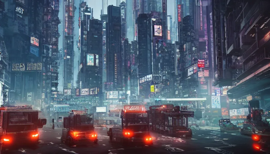 Image similar to Hong Kong in 2077, cyberpunk, steam covering the road,