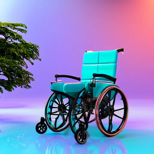 Prompt: a 3d render of a vaporwave wheelchair, ultra detailed, realism, 8k, octane render, unreal engine