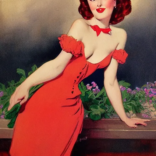 Image similar to a painting in the style of gil elvgren and in the style of charles dana gibson.