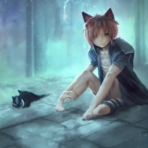 Prompt: boy with cat ears and tail resting, full body, blushing, short smile, hair covering, fantasy painting, cinematic lightning, highly detailed, trending on Artstation, Unreal Engine 4k, watercolour, pastel, very very very very very very very very beautiful.