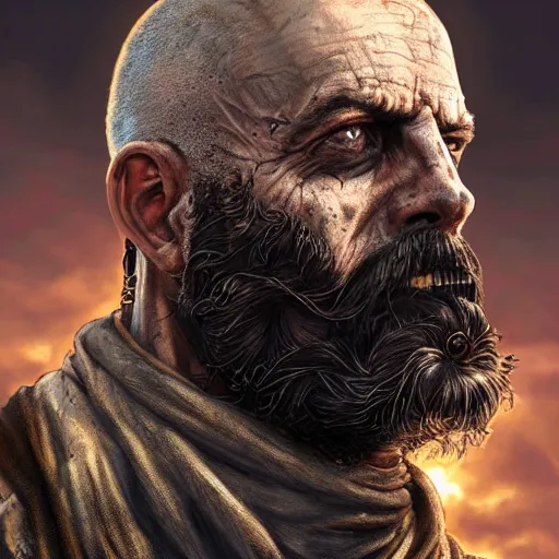 Image similar to portrait painting of a post apocalyptic man, bald, black beard, handsome, ultra realistic, concept art, intricate details, eerie, highly detailed, fallout, wasteland, photorealistic, octane render, 8 k, unreal engine 5. art by artgerm and greg rutkowski and alphonse mucha