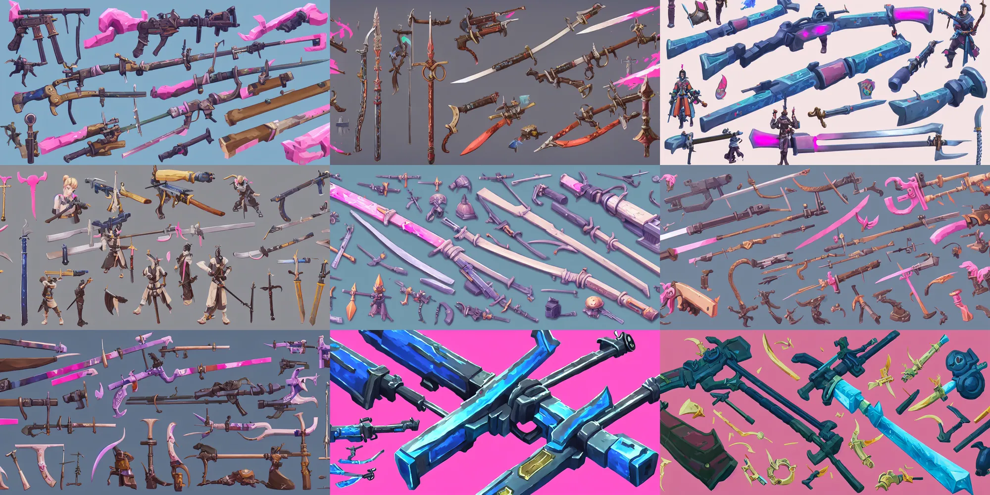 Prompt: game asset of the sims gun weapons sword utentils and equipment gadget items inspired by japanese, in gouache detailed paintings, props, stylized, 2 d sprites, kitbash, arcane, overwatch, blue and pink color scheme, 8 k, close up