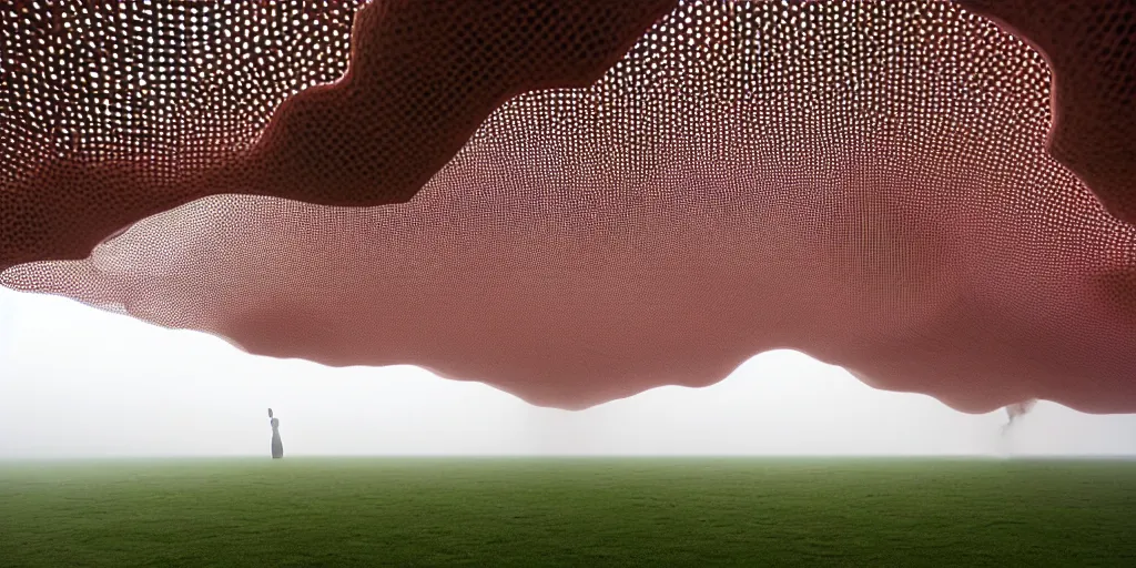 Image similar to white honeycomb organic building by ernesto neto sits on the field in low fog, light - mint with light - pink color, 4 k, insanely quality, highly detailed, film still from the movie directed by denis villeneuve with art direction by zdzisław beksinski, telephoto lens, shallow depth of field