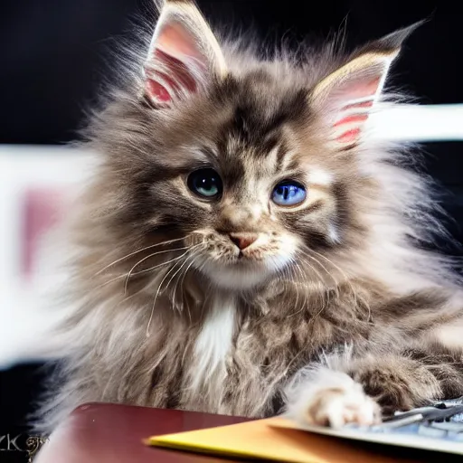 Image similar to a super cute maine coon kitten ate my homework and got smart, hilarious, funny, back to school comedy, digital art, 3 d, ue 5, 8 k, 4 k, hdr, cinematic movie still.