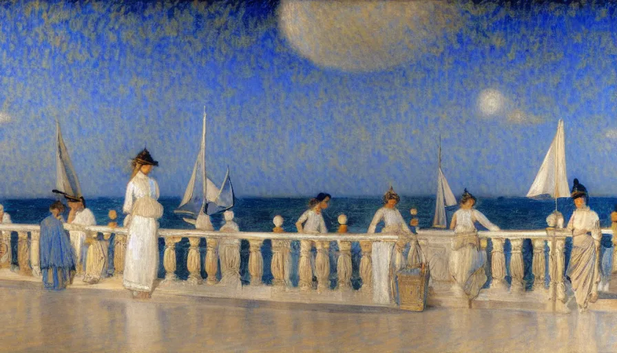 Image similar to a ultradetailed beautiful painting of the night sky of the amazonas golden white palace balustrade designed by jules bastien - lepage, tarsila do amaral, frank weston and gustave baumann, beach, trending on artstation, mediterranean, palm trees, sharp focus, sail boats, soft light, 8 k 4 k