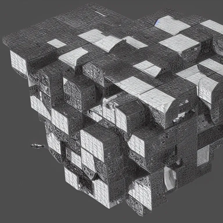 Image similar to “space shuttle turned into an MC Escher Rubik’s cube, high-def 3D render, 4k hD, scifi concept art, confusing perspective”