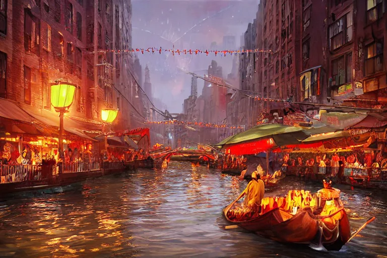 Prompt: a far-future flooded Manhattan Chinatown during a festival at dusk, with paper lanterns, banners, lights, and canal streets with people in gondolas and other boats floating by, sparkling water, low angle, wide angle, beautiful, warm dynamic lighting, atmospheric, cinematic, highly detailed digital art, painted by Tyler Edlin