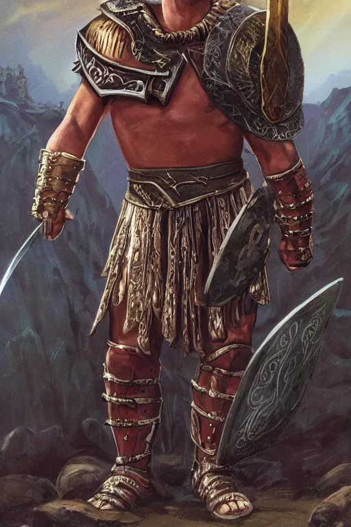 Image similar to wizards of the coast fantasy roman gladiator in armor in the style Larry Elmore