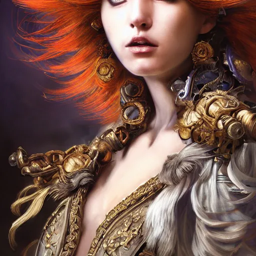 Image similar to portrait, headshot, insanely nice professional hair style, dramatic hair color, digital painting, of a old 17th century, Greek Goddess, old cyborg merchant, amber jewels, baroque, ornate clothing, scifi, realistic, hyperdetailed, chiaroscuro, concept art, art by Franz Hals and Jon Foster and Ayami Kojima and Amano and Karol Bak,