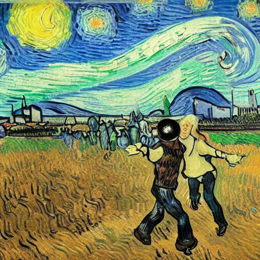 Image similar to shuffles at a rave in phat pants, vincent van gogh painting