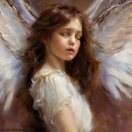 Image similar to beautiful portrait of an angel with beautiful face and her huge white wings spread out gracefully, painted by daniel gerhartz, highly detailed, beautiful warm illumination, graceful and elegant, ethereal