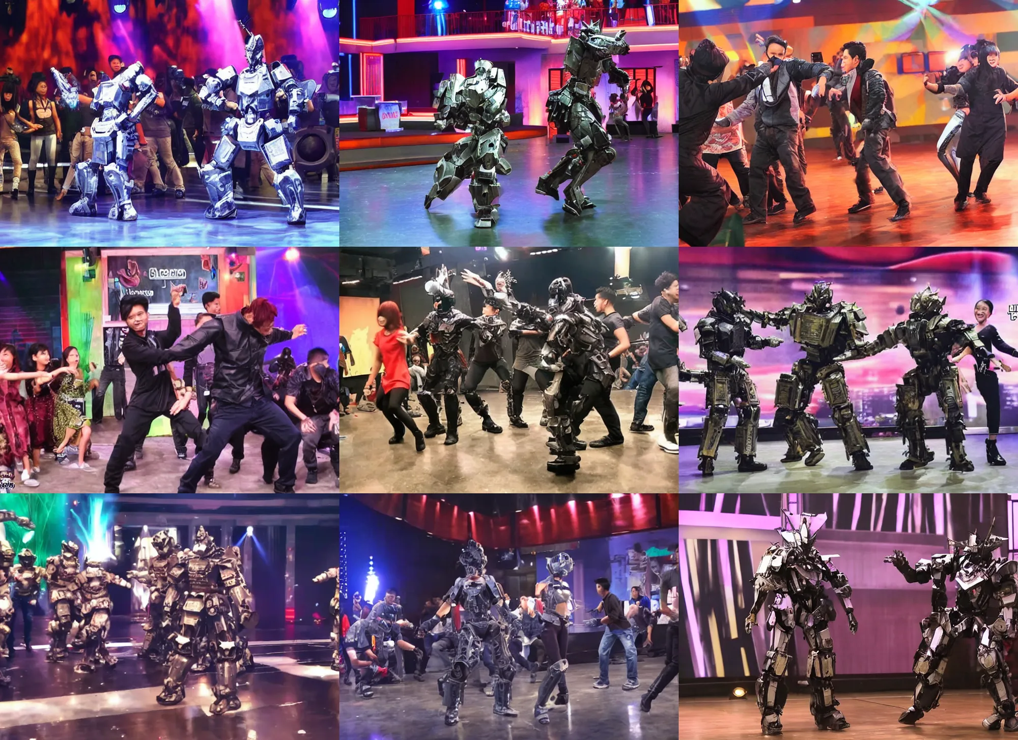 Prompt: an armored core dancing on the stage at indonesian funny tv show