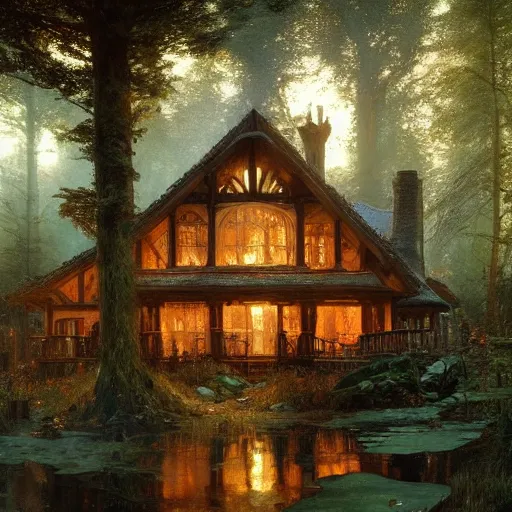 Image similar to a beautifull intricate painting of a log cabin in a dark fantasy forest, reflections, very high details by william turner art, greg rutkowski and alphonse mucha, trending on artstation, very very detailed, masterpiece,